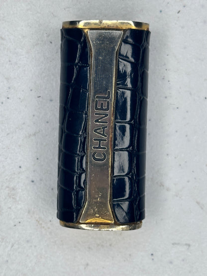 Vintage Chanel Black Crocodile-Pattern Lighter Case - Gold Tone Accents