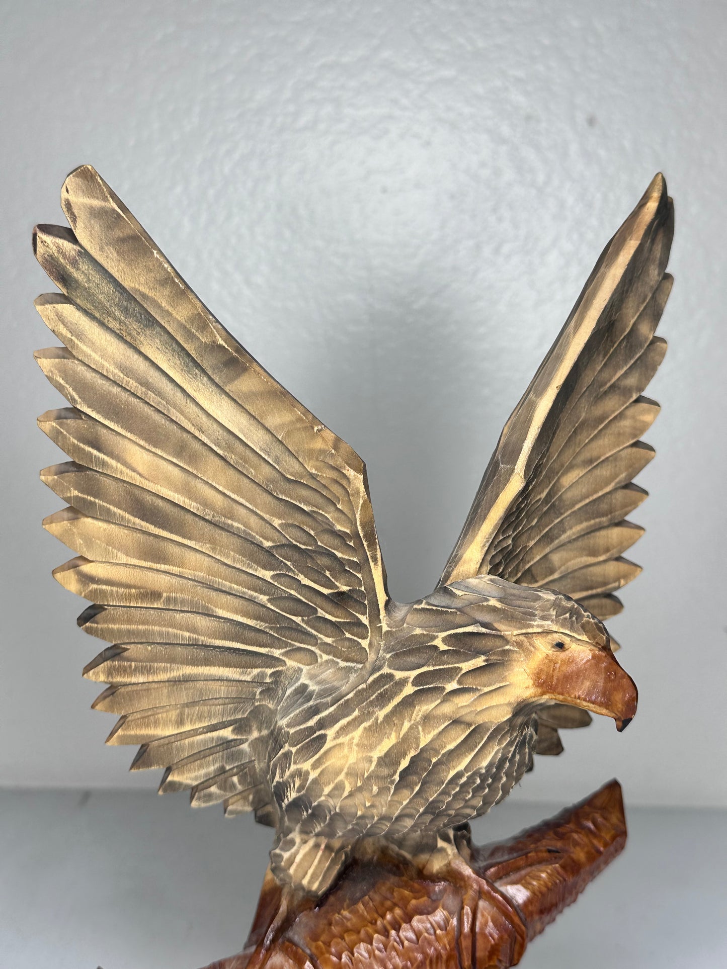 Handcrafted Ukrainian Wooden Eagle and Fox Sculpture - Detailed Wildlife Art - 1992