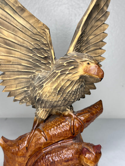 Handcrafted Ukrainian Wooden Eagle and Fox Sculpture - Detailed Wildlife Art - 1992