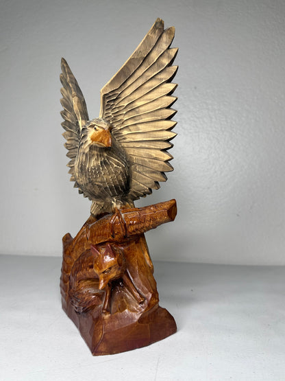 Handcrafted Ukrainian Wooden Eagle and Fox Sculpture - Detailed Wildlife Art - 1992