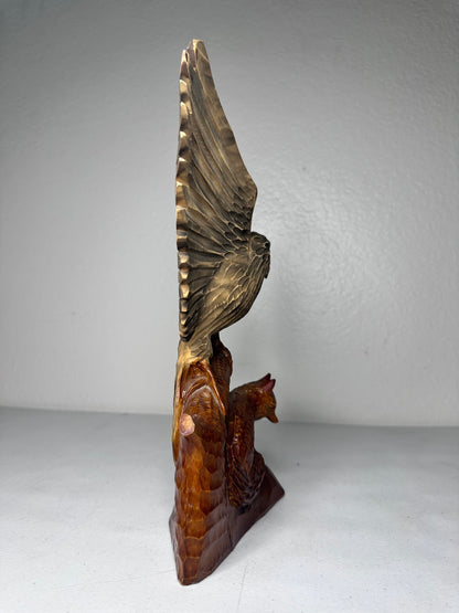 Handcrafted Ukrainian Wooden Eagle and Fox Sculpture - Detailed Wildlife Art - 1992