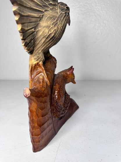 Handcrafted Ukrainian Wooden Eagle and Fox Sculpture - Detailed Wildlife Art - 1992