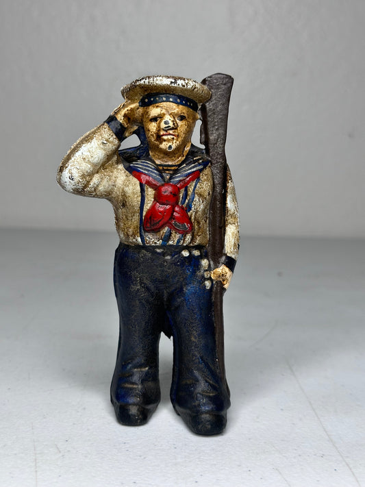 Antique Cast Iron Saluting Sailor Bank - Vintage 5-Inch Naval Soldier Still Bank