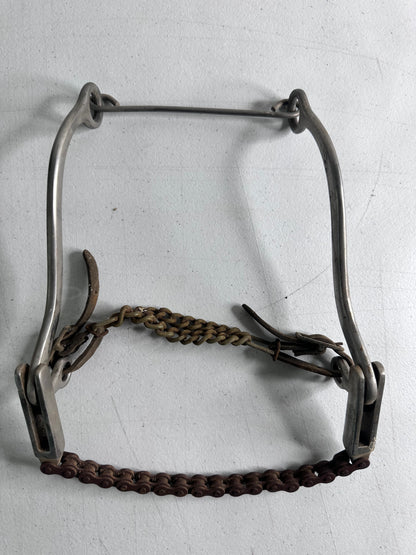 Vintage Spade Bit Horse Bit with Rusty Chain and Worn Leather Straps - Collectible