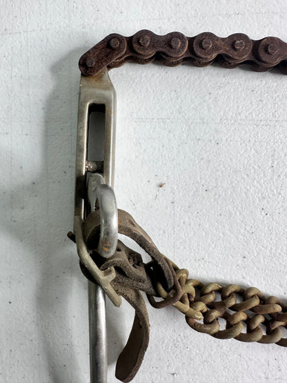 Vintage Spade Bit Horse Bit with Rusty Chain and Worn Leather Straps - Collectible